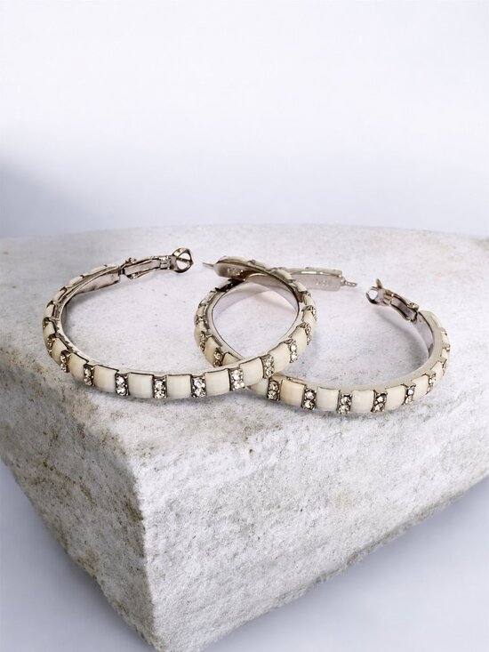 Fifth Avenue Jewelry - Fifth Avenue Ivory Enamel Swarovski Crystal Hoop Earrings Sterling Silver Post